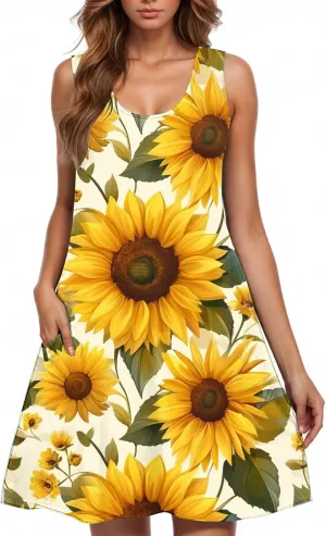 Sunflower Print Sleeveless Dress for Women Casual Scoop Neck A-Line Summer Dress with Pockets Floral Sundress