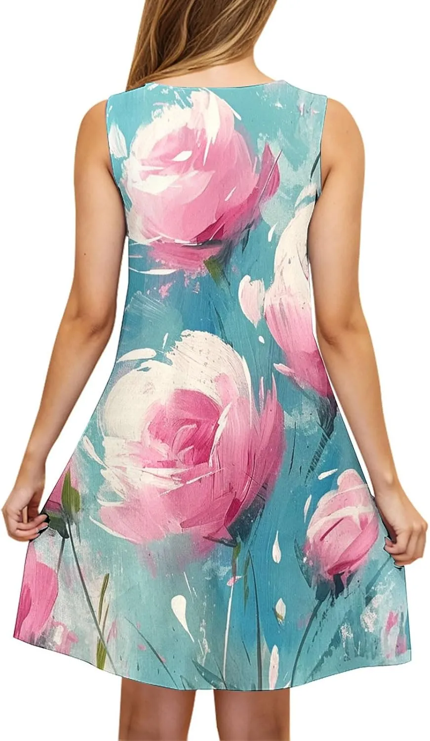 Sunflower Print Sleeveless Dress for Women Casual Scoop Neck A-Line Summer Dress with Pockets Floral Sundress