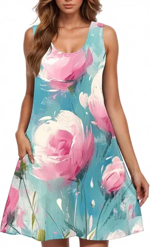 Sunflower Print Sleeveless Dress for Women Casual Scoop Neck A-Line Summer Dress with Pockets Floral Sundress
