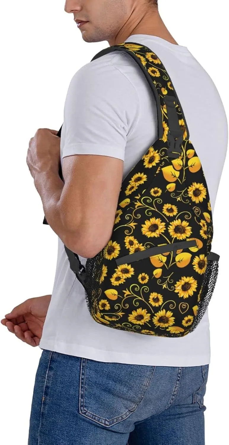 Sunflower Sling Bag Crossbody Backpack for Men Women Seamless Sunflower Leaves Yellow Flowers on Black Background Chest Bag Adjustable Casual Shoulder Backpack Travel Hiking Daypack