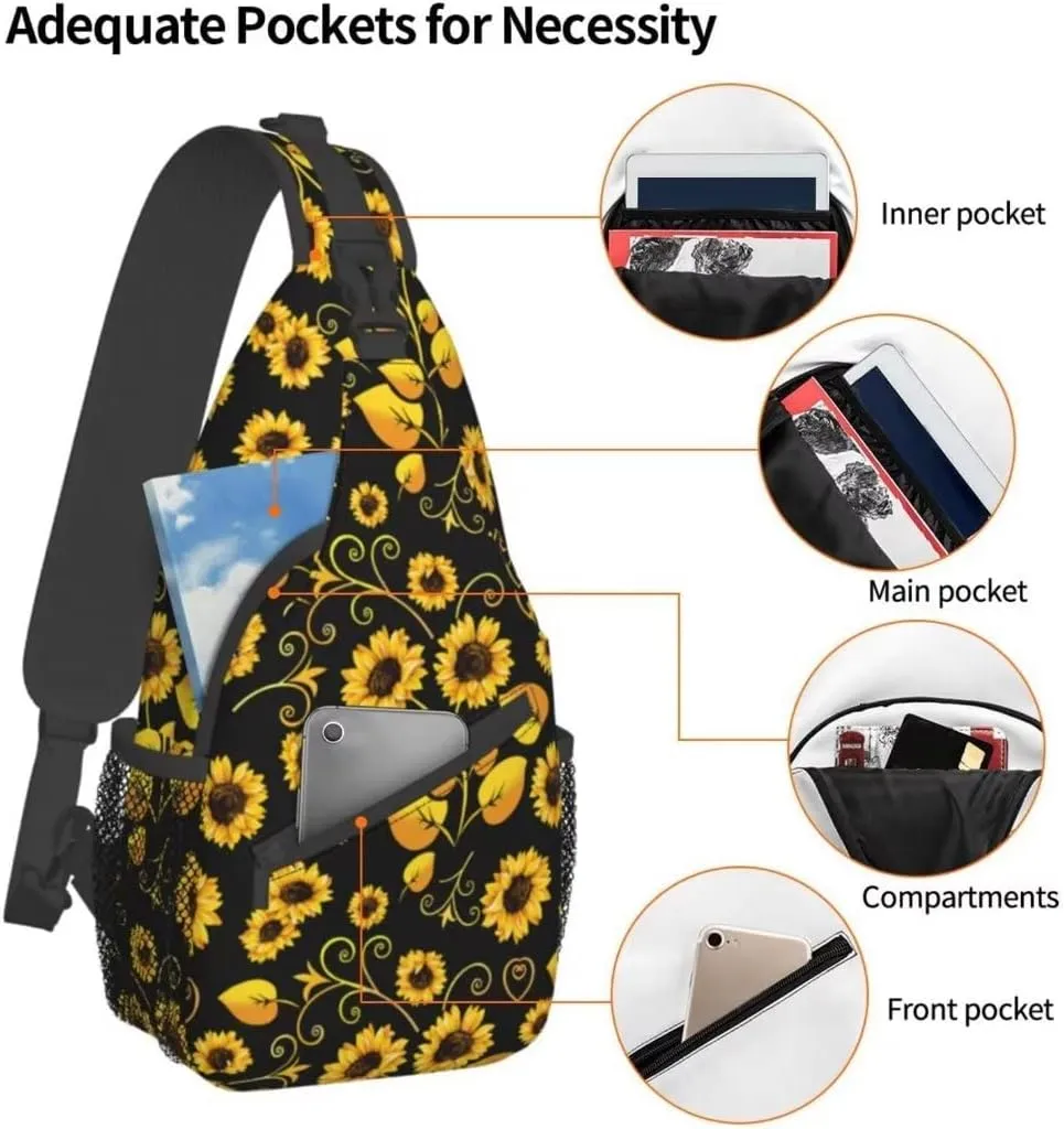 Sunflower Sling Bag Crossbody Backpack for Men Women Seamless Sunflower Leaves Yellow Flowers on Black Background Chest Bag Adjustable Casual Shoulder Backpack Travel Hiking Daypack