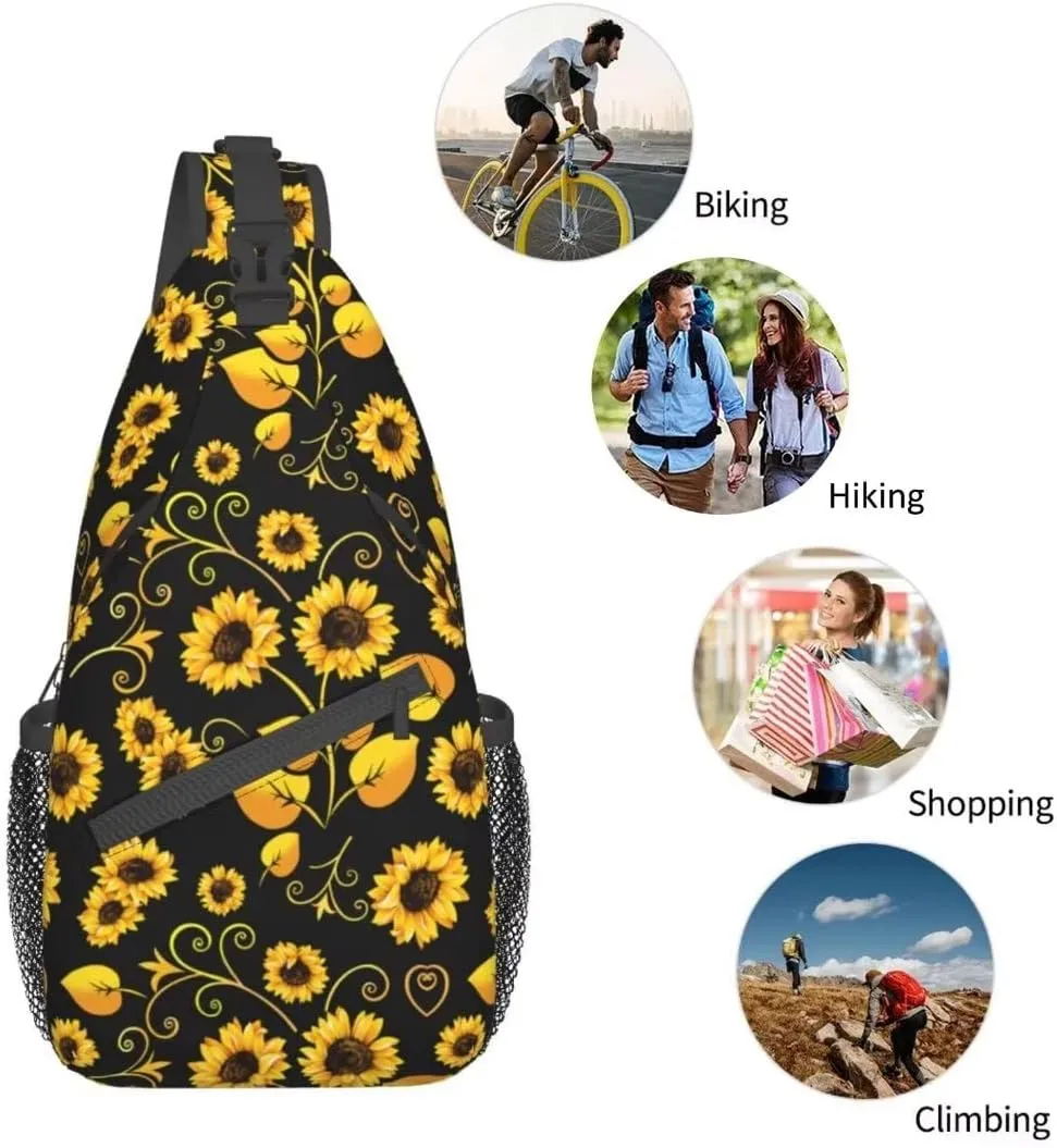 Sunflower Sling Bag Crossbody Backpack for Men Women Seamless Sunflower Leaves Yellow Flowers on Black Background Chest Bag Adjustable Casual Shoulder Backpack Travel Hiking Daypack