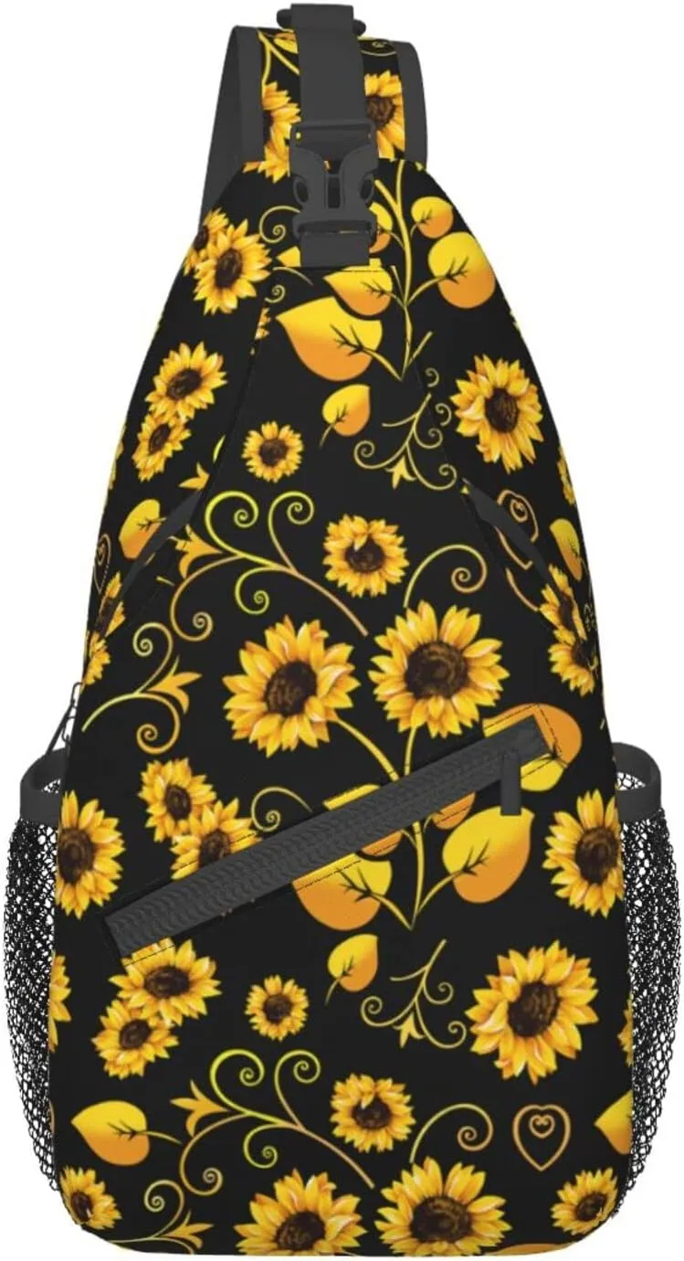 Sunflower Sling Bag Crossbody Backpack for Men Women Seamless Sunflower Leaves Yellow Flowers on Black Background Chest Bag Adjustable Casual Shoulder Backpack Travel Hiking Daypack