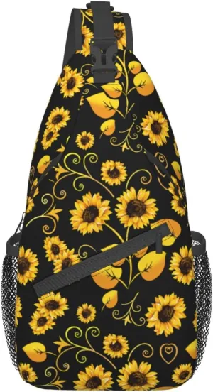 Sunflower Sling Bag Crossbody Backpack for Men Women Seamless Sunflower Leaves Yellow Flowers on Black Background Chest Bag Adjustable Casual Shoulder Backpack Travel Hiking Daypack
