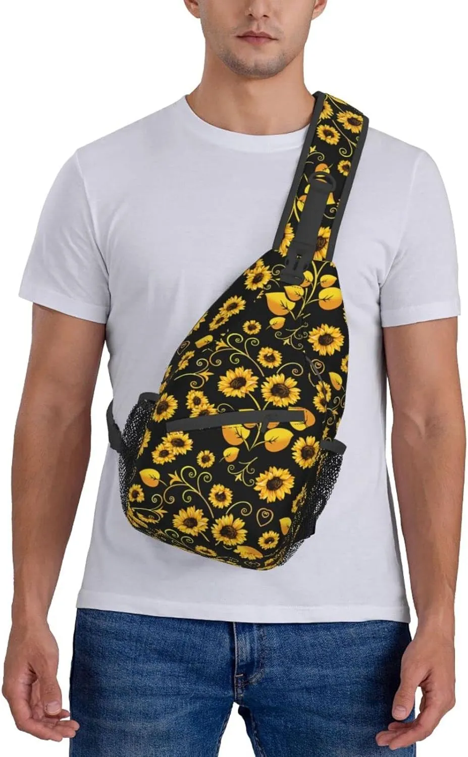 Sunflower Sling Bag Crossbody Backpack for Men Women Seamless Sunflower Leaves Yellow Flowers on Black Background Chest Bag Adjustable Casual Shoulder Backpack Travel Hiking Daypack