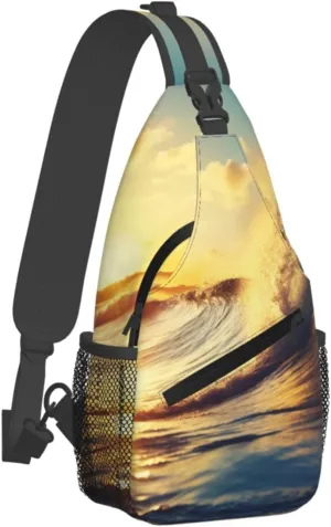 (Sunset Sea Surfing Seascape) Cross Chest Bag Diagonally Sling Backpack Travel Hiking Daypack For Women Men Outdoor Sports