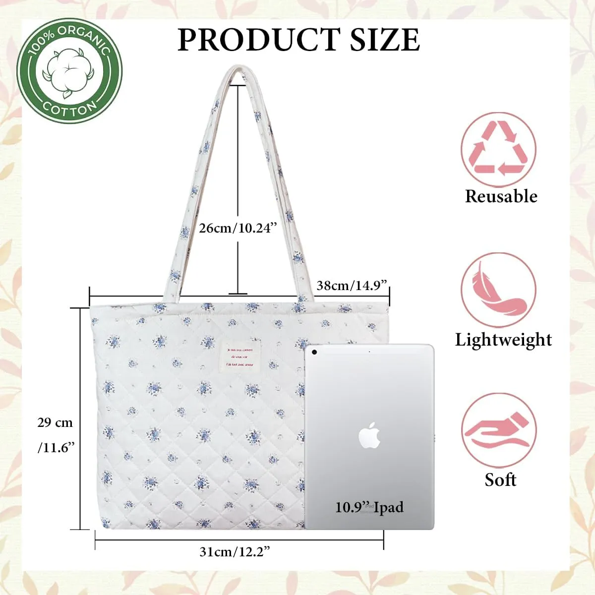 Sunwel Fashion Top Zipper Women Floral Quilted Tote Bag for Work Travel Gym Shopping Beach