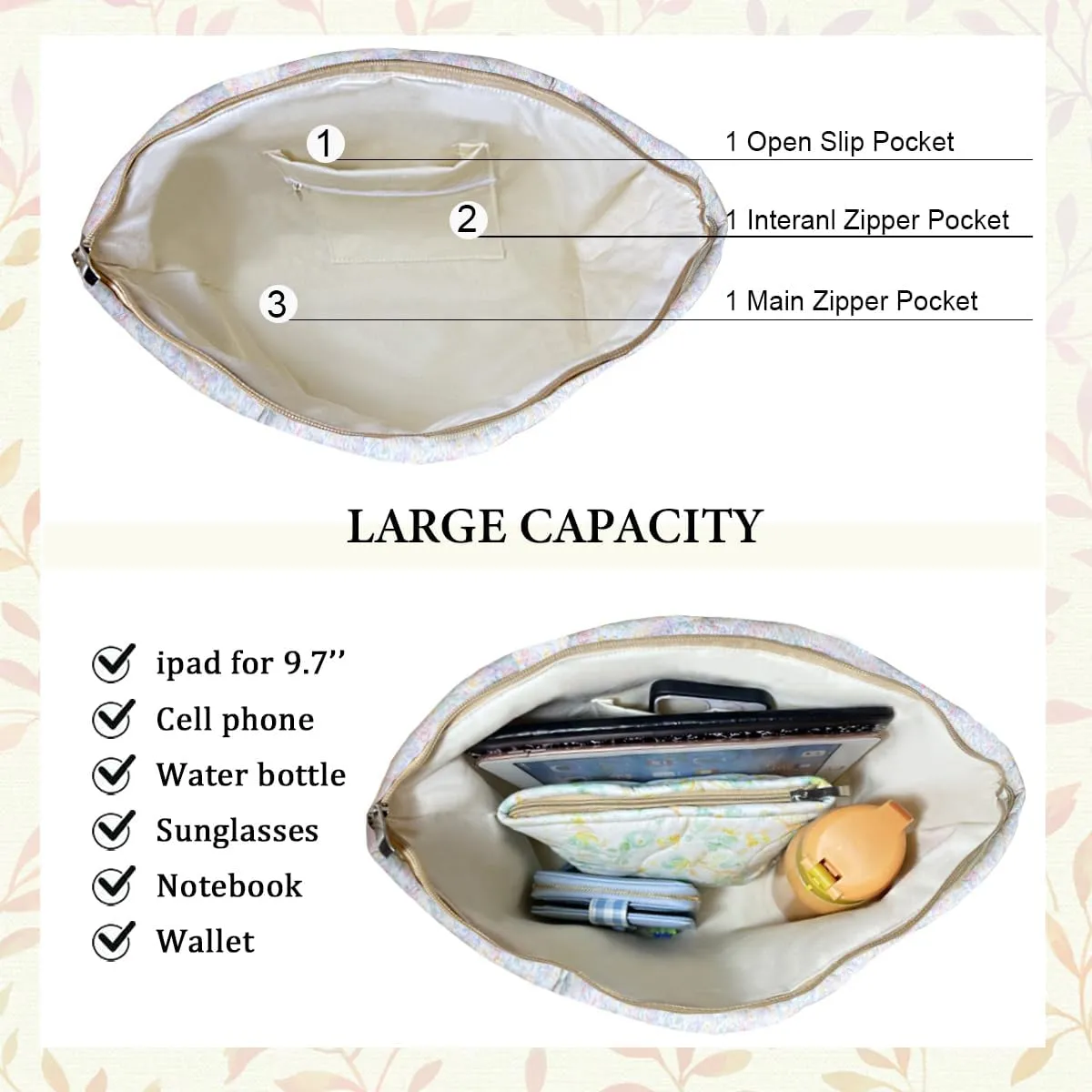 Sunwel Fashion Top Zipper Women Floral Quilted Tote Bag for Work Travel Gym Shopping Beach