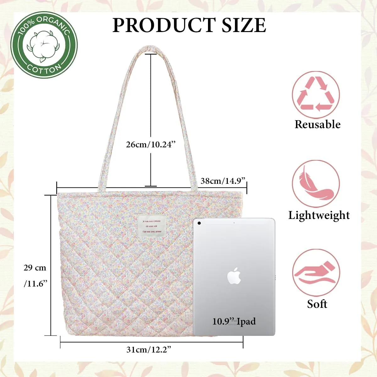 Sunwel Fashion Top Zipper Women Floral Quilted Tote Bag for Work Travel Gym Shopping Beach