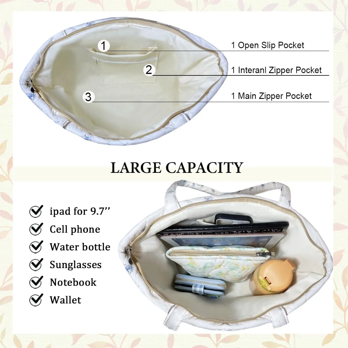 Sunwel Fashion Top Zipper Women Floral Quilted Tote Bag for Work Travel Gym Shopping Beach