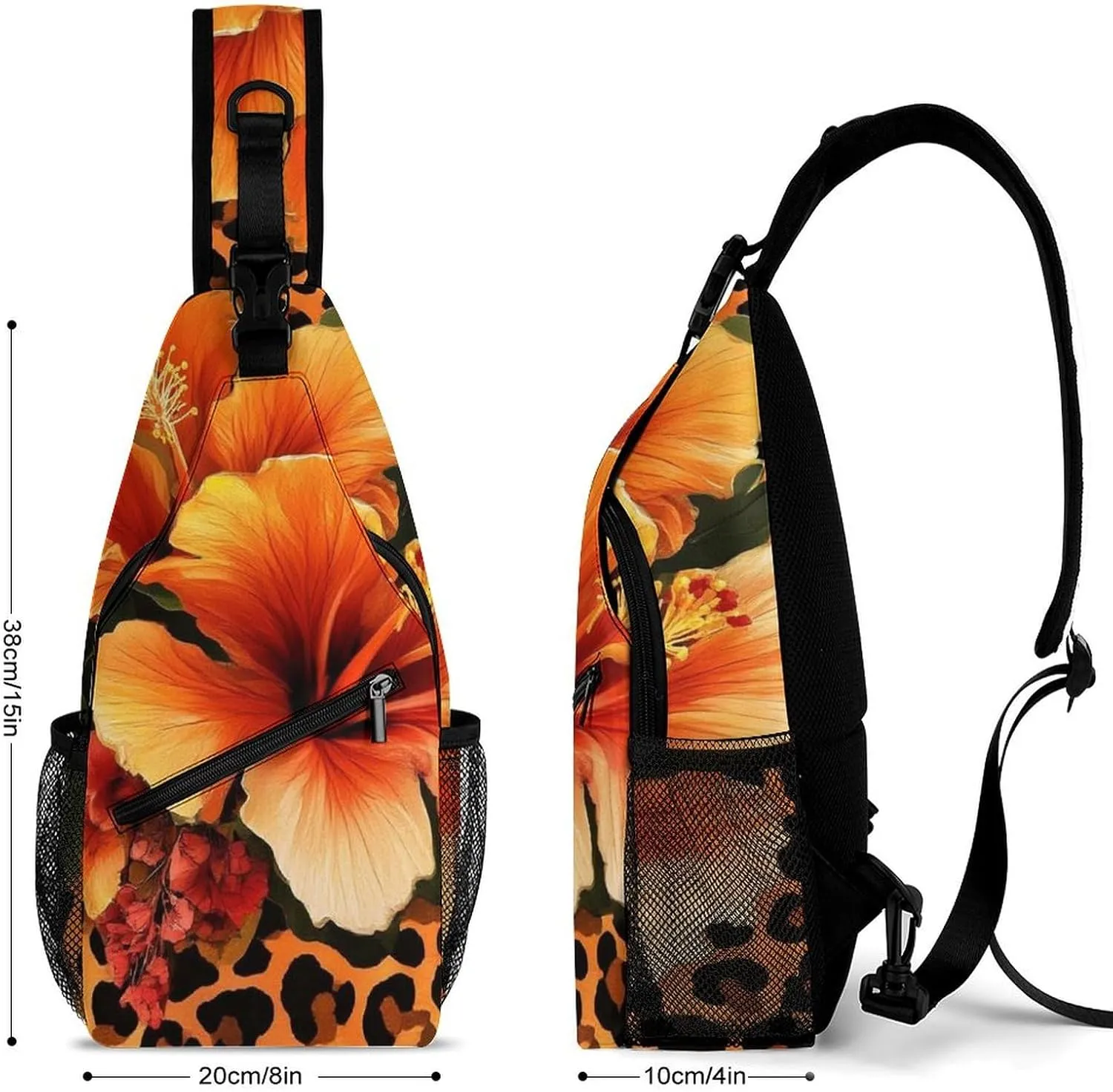 Supdreamc Ultra Lightweight Sling Bag Backpack Crossbody Chest Rucksack Anti-Theft Multipurpose Bag for Bicycle Sport Hiking Travel Camping, Orange Yellow Flower Floral Cheetah Leopard Print