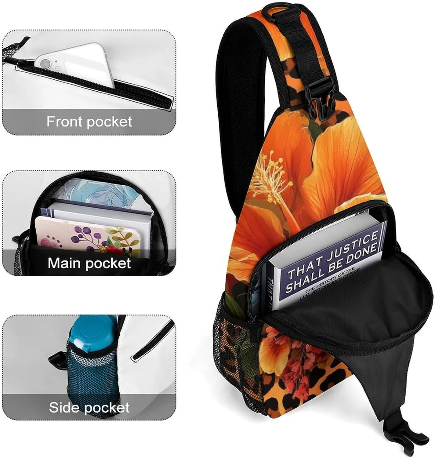 Supdreamc Ultra Lightweight Sling Bag Backpack Crossbody Chest Rucksack Anti-Theft Multipurpose Bag for Bicycle Sport Hiking Travel Camping, Orange Yellow Flower Floral Cheetah Leopard Print