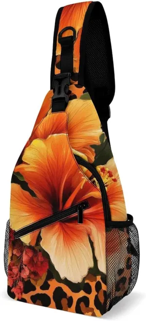 Supdreamc Ultra Lightweight Sling Bag Backpack Crossbody Chest Rucksack Anti-Theft Multipurpose Bag for Bicycle Sport Hiking Travel Camping, Orange Yellow Flower Floral Cheetah Leopard Print