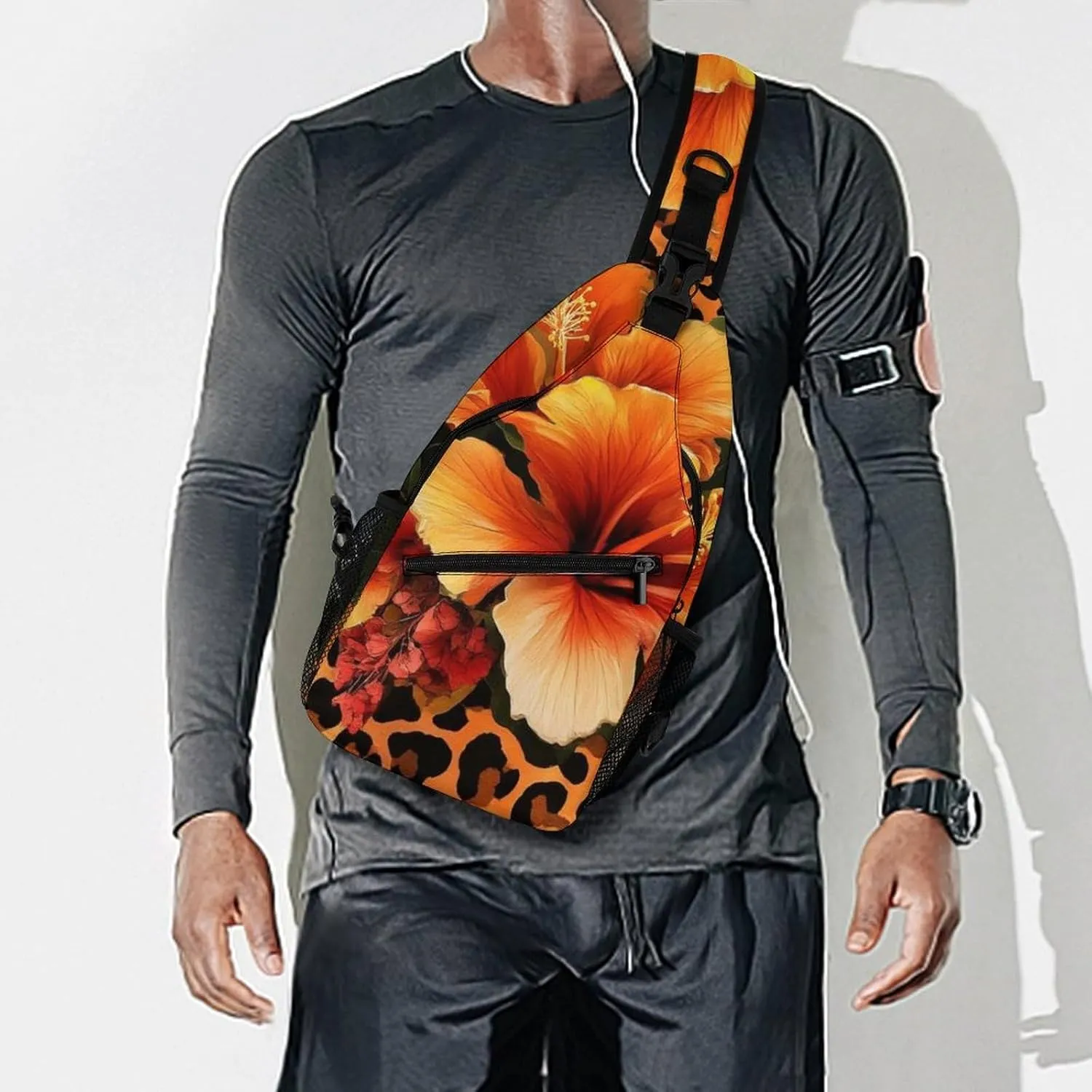 Supdreamc Ultra Lightweight Sling Bag Backpack Crossbody Chest Rucksack Anti-Theft Multipurpose Bag for Bicycle Sport Hiking Travel Camping, Orange Yellow Flower Floral Cheetah Leopard Print