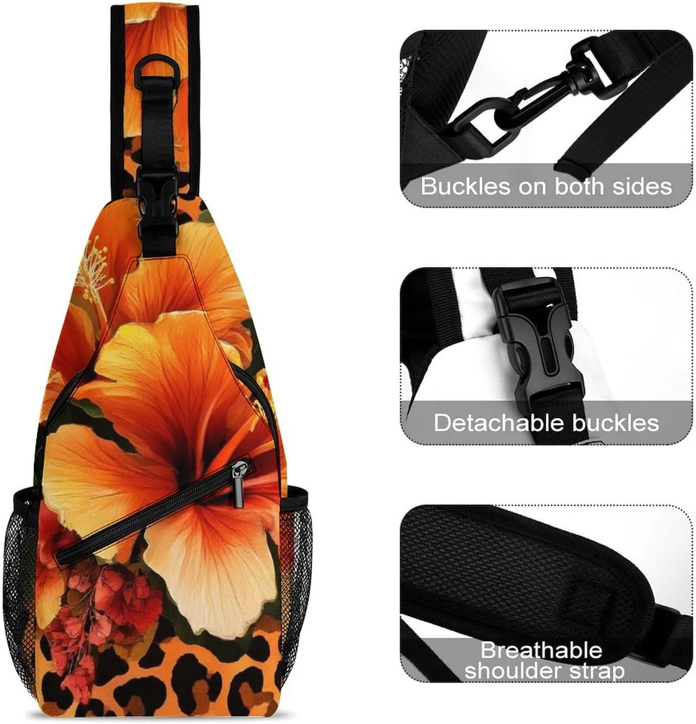 Supdreamc Ultra Lightweight Sling Bag Backpack Crossbody Chest Rucksack Anti-Theft Multipurpose Bag for Bicycle Sport Hiking Travel Camping, Orange Yellow Flower Floral Cheetah Leopard Print
