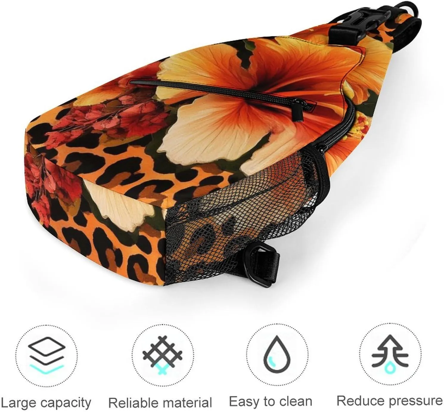 Supdreamc Ultra Lightweight Sling Bag Backpack Crossbody Chest Rucksack Anti-Theft Multipurpose Bag for Bicycle Sport Hiking Travel Camping, Orange Yellow Flower Floral Cheetah Leopard Print