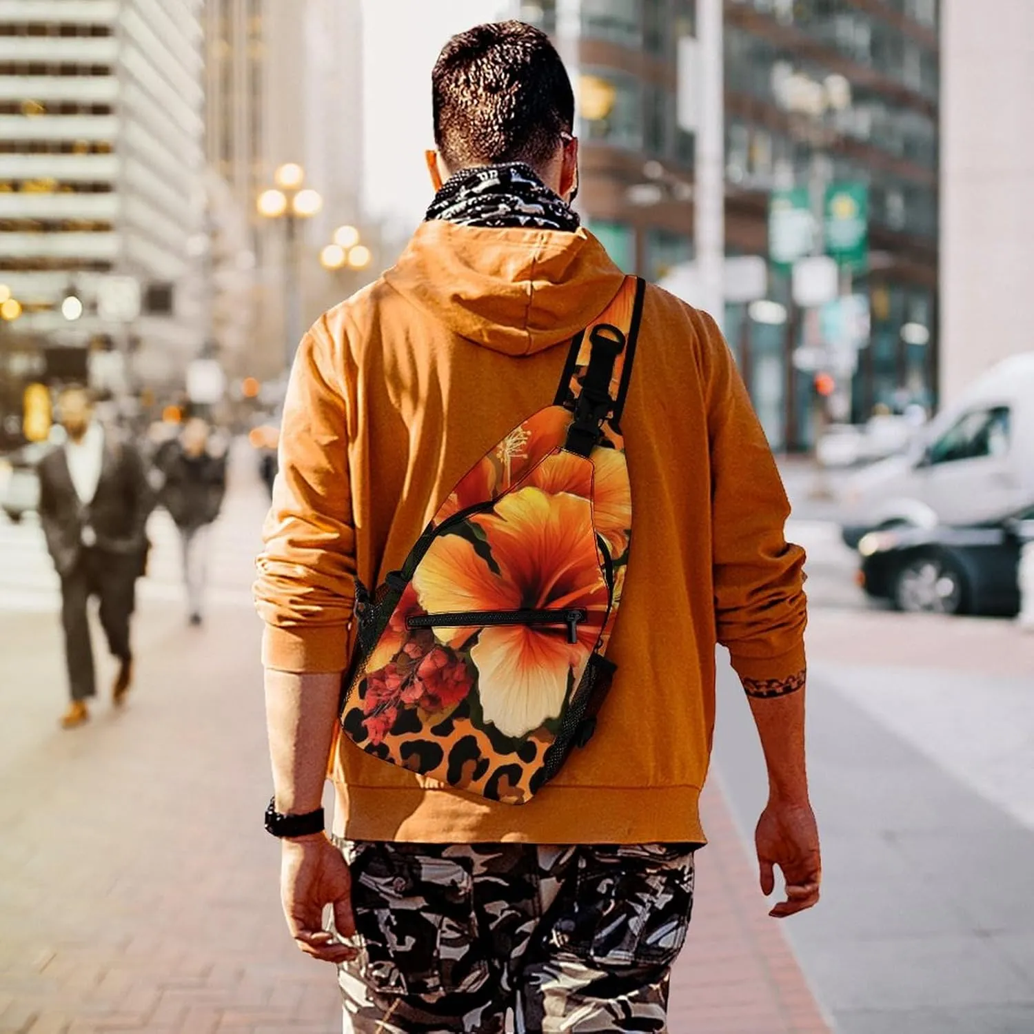 Supdreamc Ultra Lightweight Sling Bag Backpack Crossbody Chest Rucksack Anti-Theft Multipurpose Bag for Bicycle Sport Hiking Travel Camping, Orange Yellow Flower Floral Cheetah Leopard Print