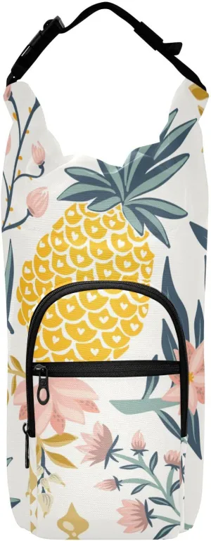 susiyo Pineapple Prosperous Flowers Water Bottle Carrier Bag with Pocket, 40/32/24/20oz Insulated Water Bottle Sling Bag with Strap for Walking Hiking Camping Gym