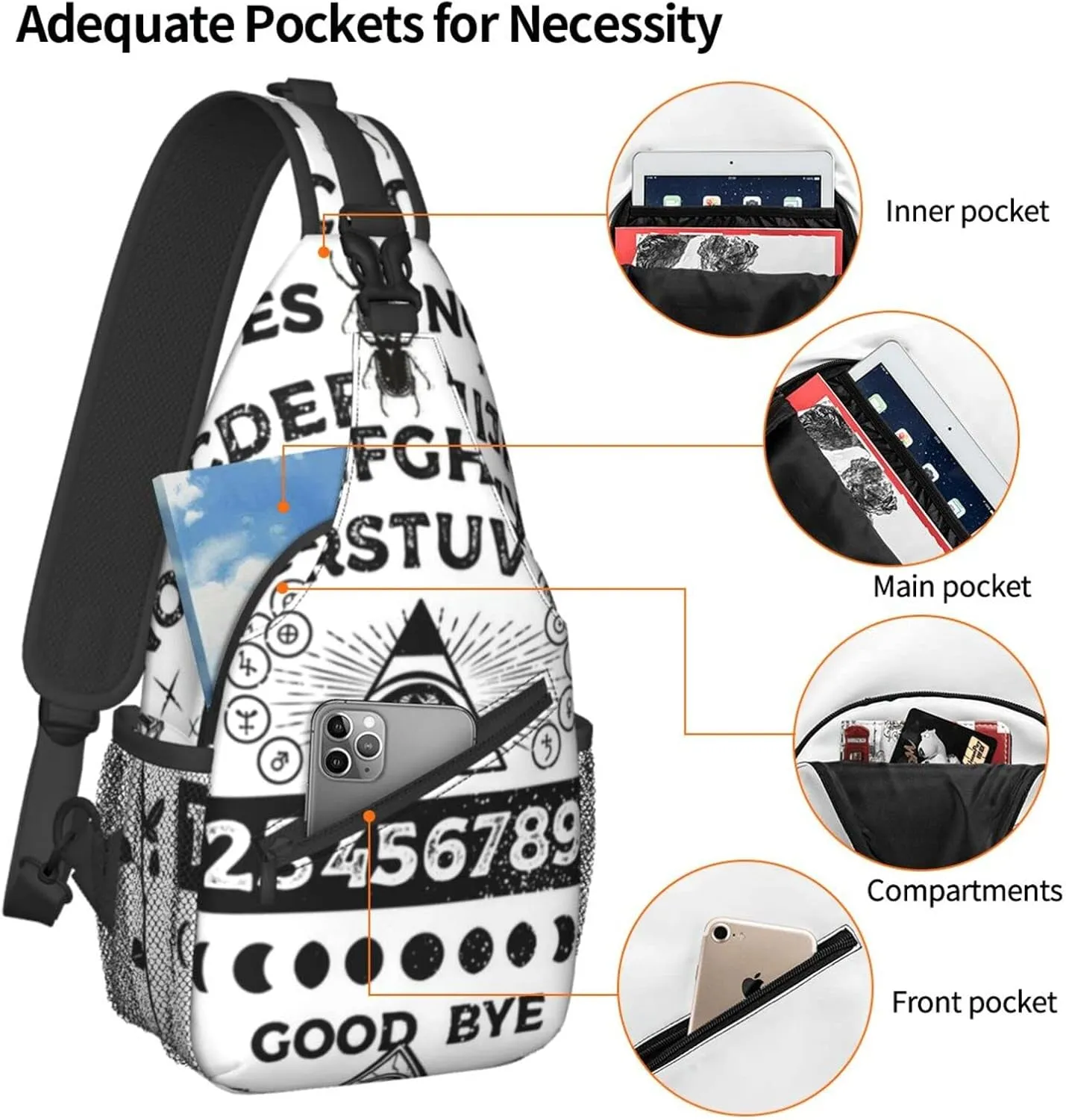 SWEET TANG Men and Women Sling Bag Chest Daypack Board With Skull Occultism Set Shoulder Backpack Crossbody for Hiking Camping Running Large Capacity Anti-Theft Rucksack