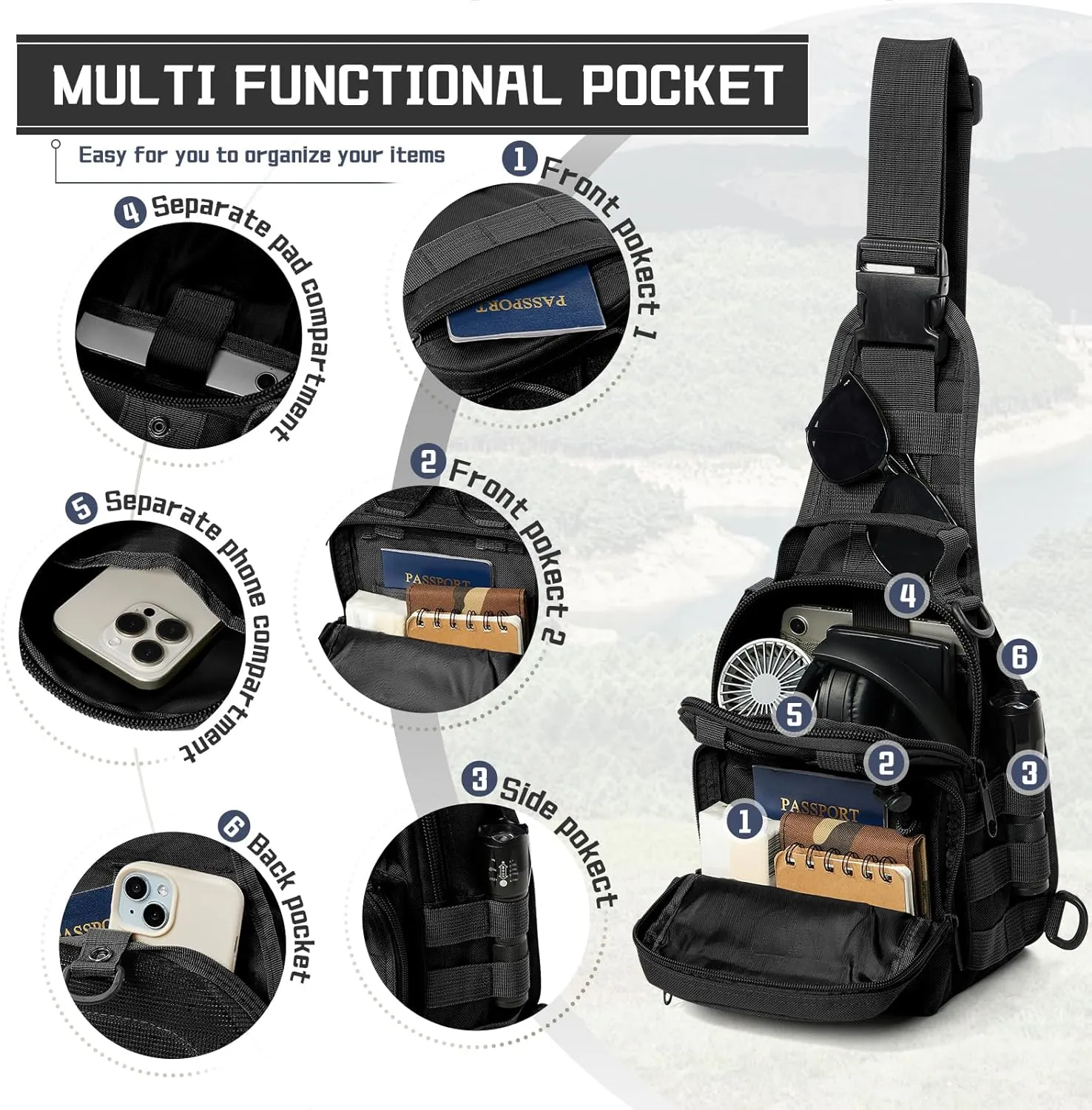 Tactical Sling Bag Backpack for Men, Waterproof Military Crossbody Bag Shoulder Backpack for Hiking, Outdoor Sports, Black
