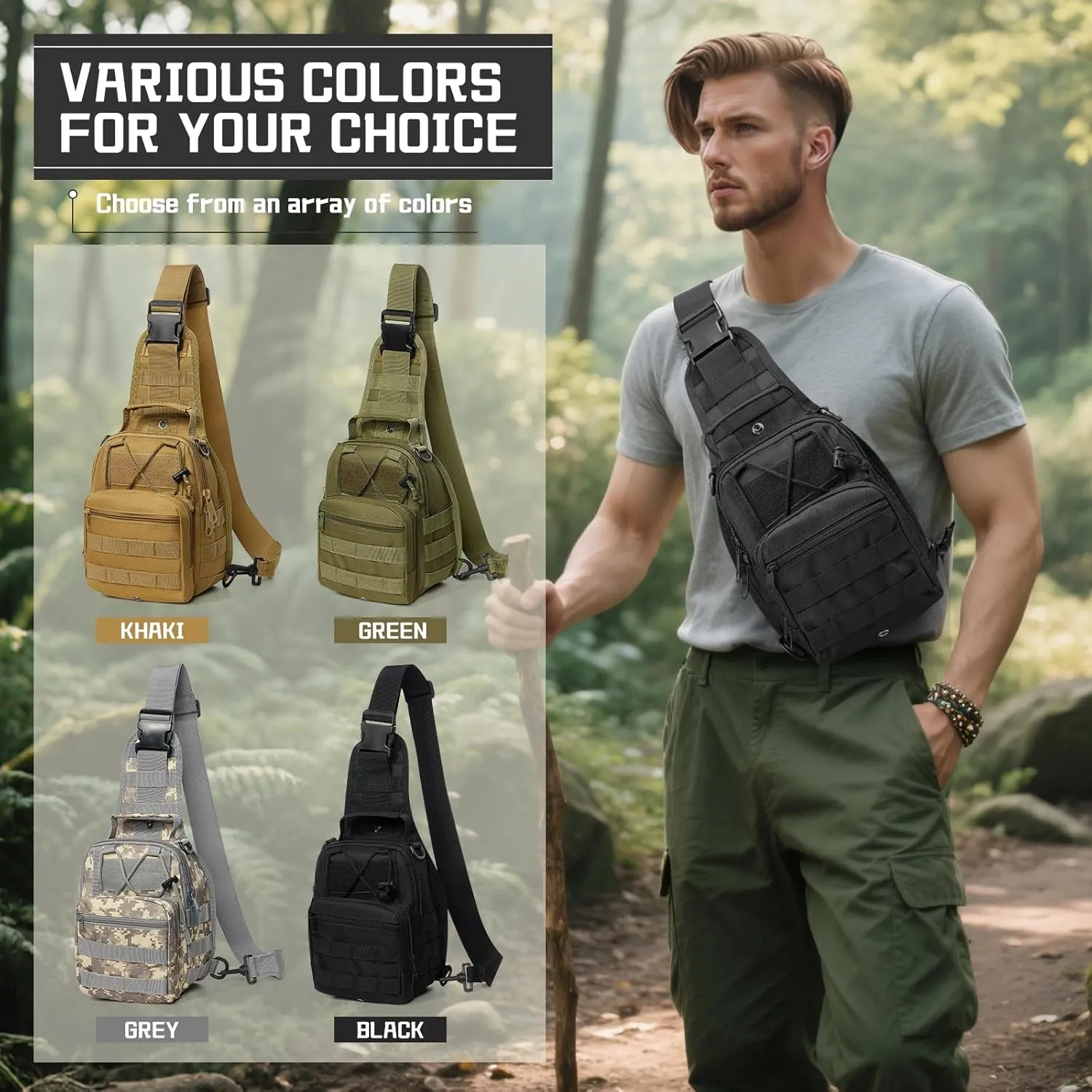 Tactical Sling Bag Backpack for Men, Waterproof Military Crossbody Bag Shoulder Backpack for Hiking, Outdoor Sports, Black