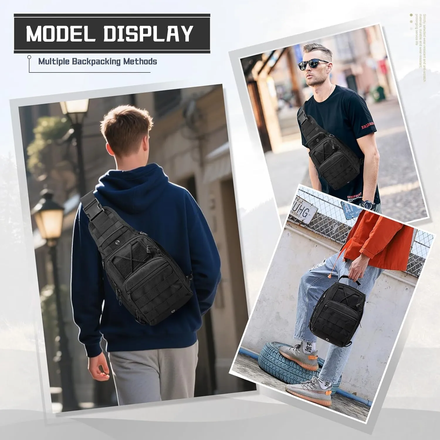 Tactical Sling Bag Backpack for Men, Waterproof Military Crossbody Bag Shoulder Backpack for Hiking, Outdoor Sports, Black