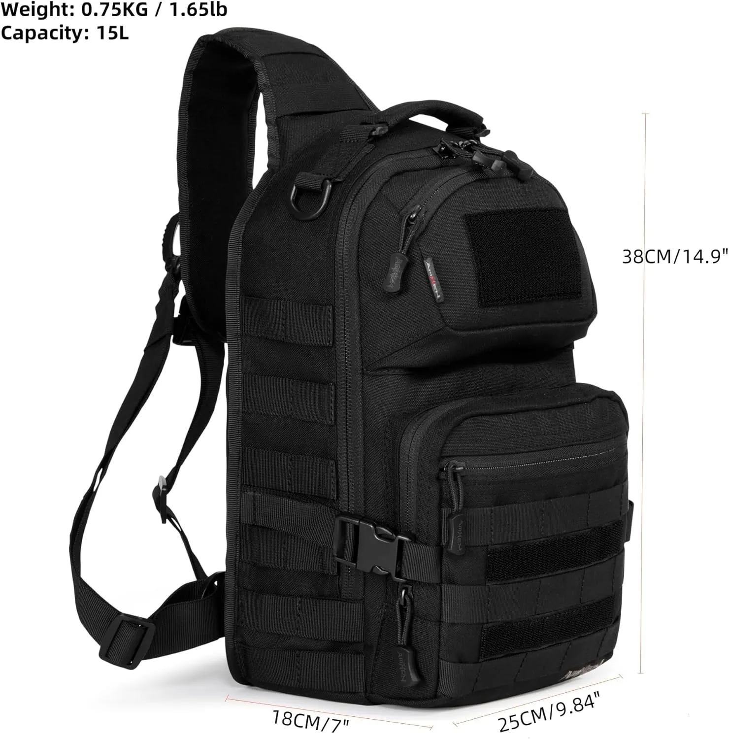 Tactical Sling Bag Pack Military Army Shoulder Cross Body Molle Edc Single One Strap Crossbody Backpack 15L (Black)
