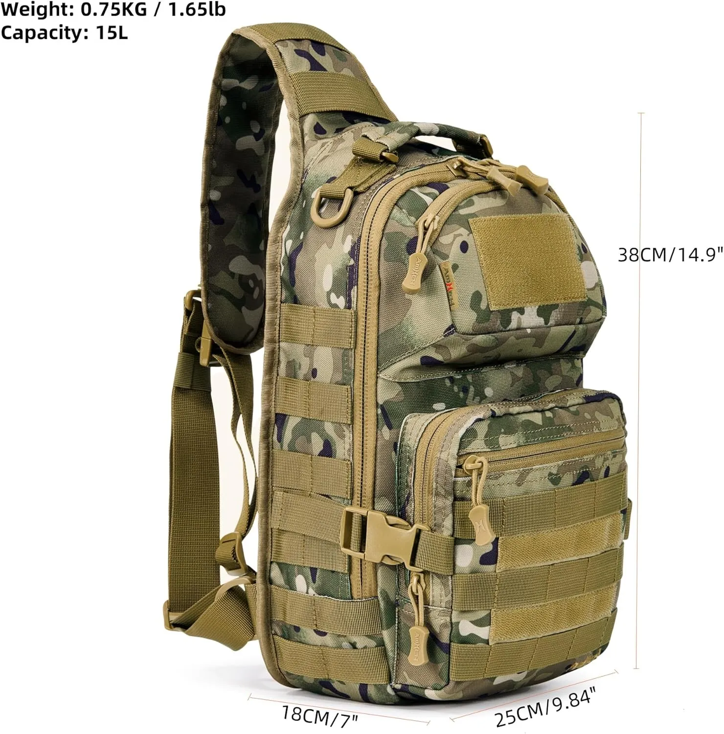 Tactical Sling Bag Pack Military Army Shoulder Cross Body Molle Edc Single One Strap Crossbody Backpack 15L (Camo)