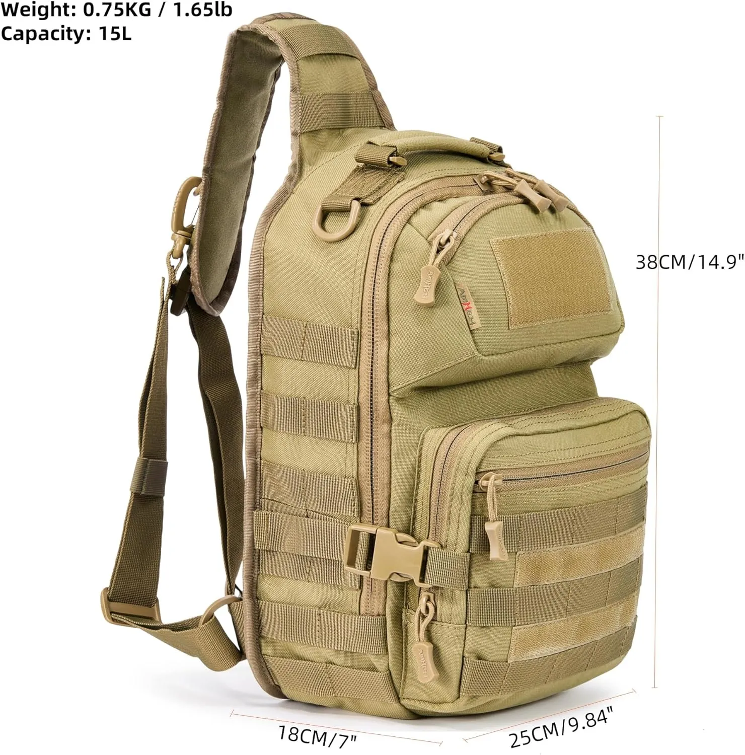 Tactical Sling Bag Pack Military Army Shoulder Cross Body Molle Edc Single One Strap Crossbody Backpack 15L (Tan)