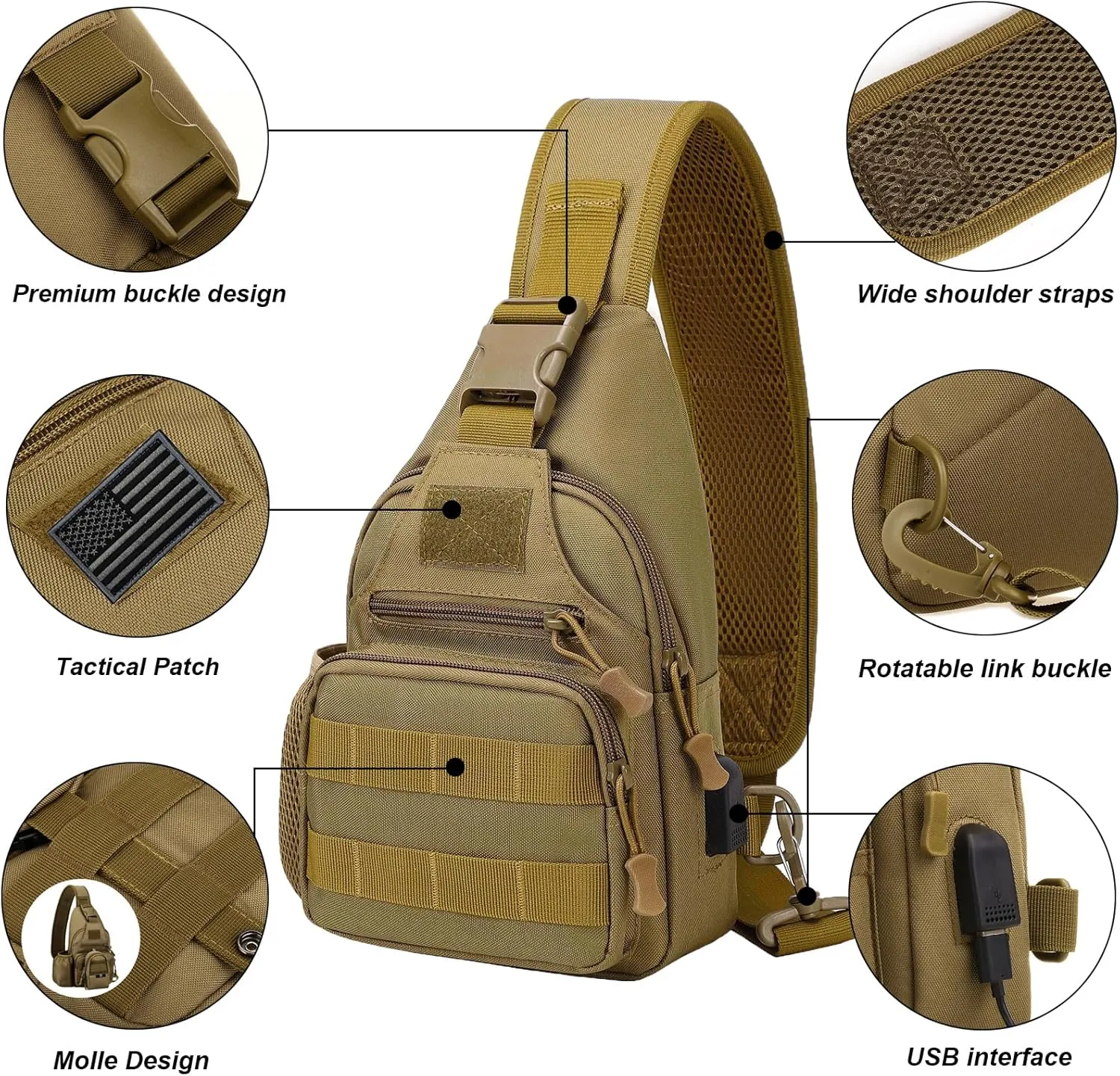 Tactical Sling Crossbody Backpack with Water Bottle Holder, MOLLE EDC Shoulder Sling Chest Bags with USB Charging Port for Travel Walk(Black)