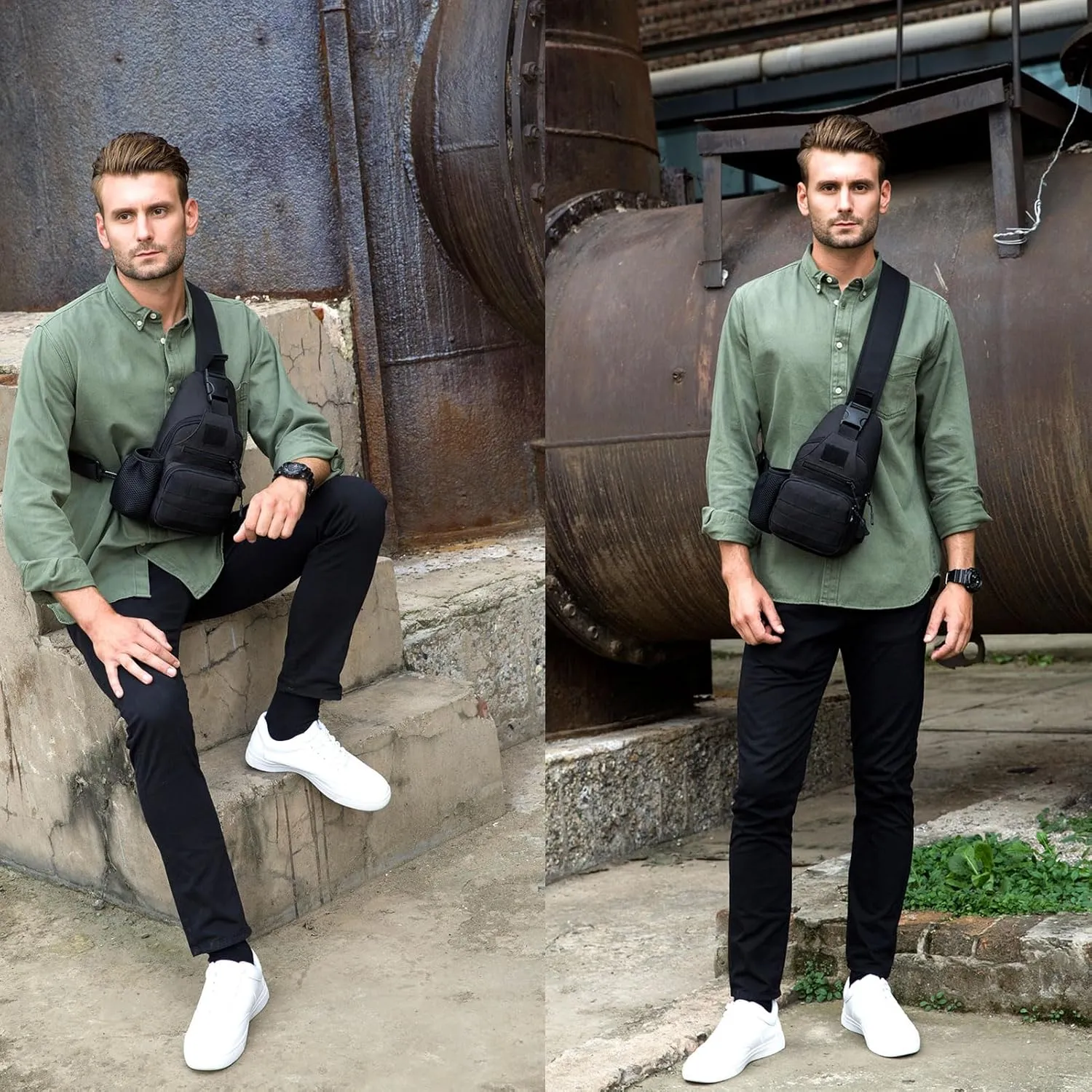 Tactical Sling Crossbody Backpack with Water Bottle Holder, MOLLE EDC Shoulder Sling Chest Bags with USB Charging Port for Travel Walk(Black)