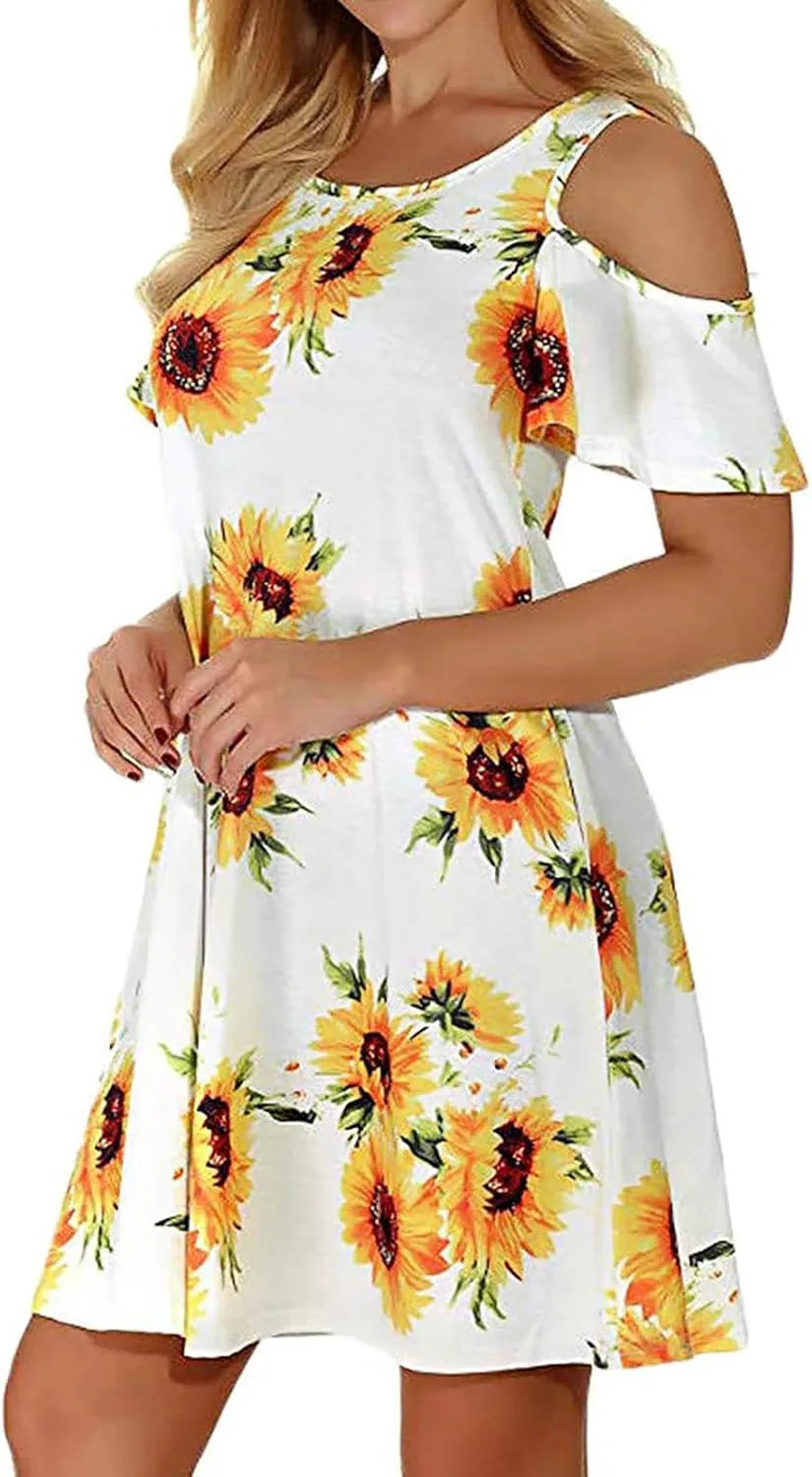 Tanst Sky Women Cold Shoulder Dress Floral Printed Short Sleeve Sundress with Pocket
