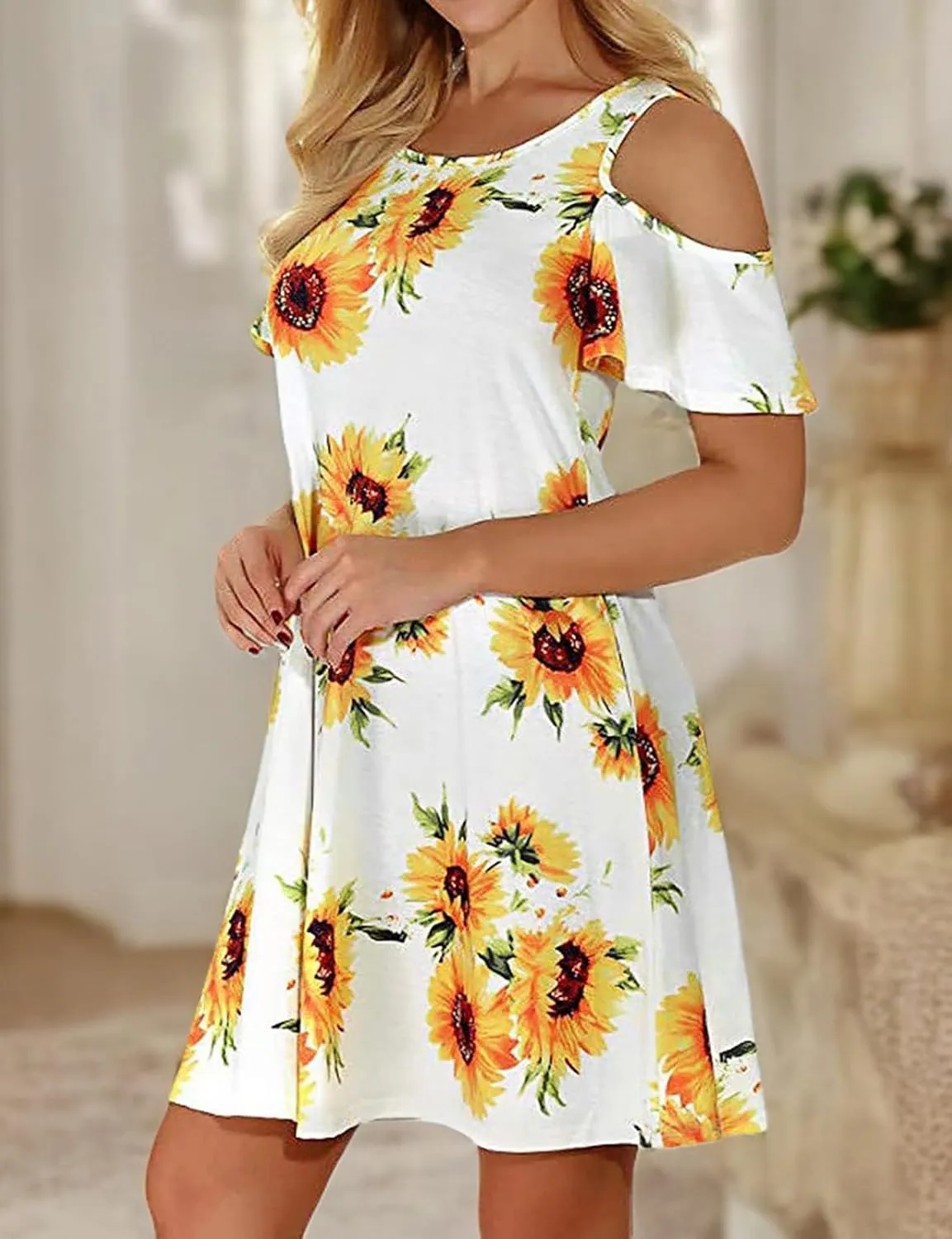Tanst Sky Women Cold Shoulder Dress Floral Printed Short Sleeve Sundress with Pocket