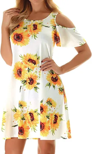 Tanst Sky Women Cold Shoulder Dress Floral Printed Short Sleeve Sundress with Pocket
