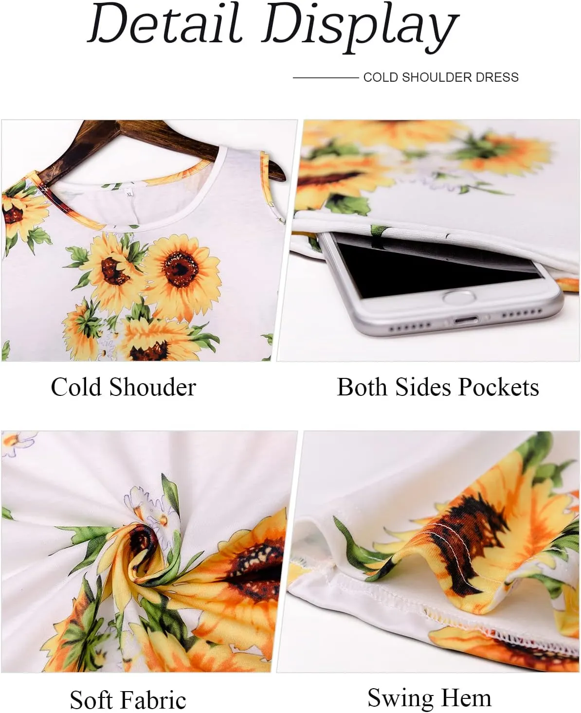 Tanst Sky Women Cold Shoulder Dress Floral Printed Short Sleeve Sundress with Pocket