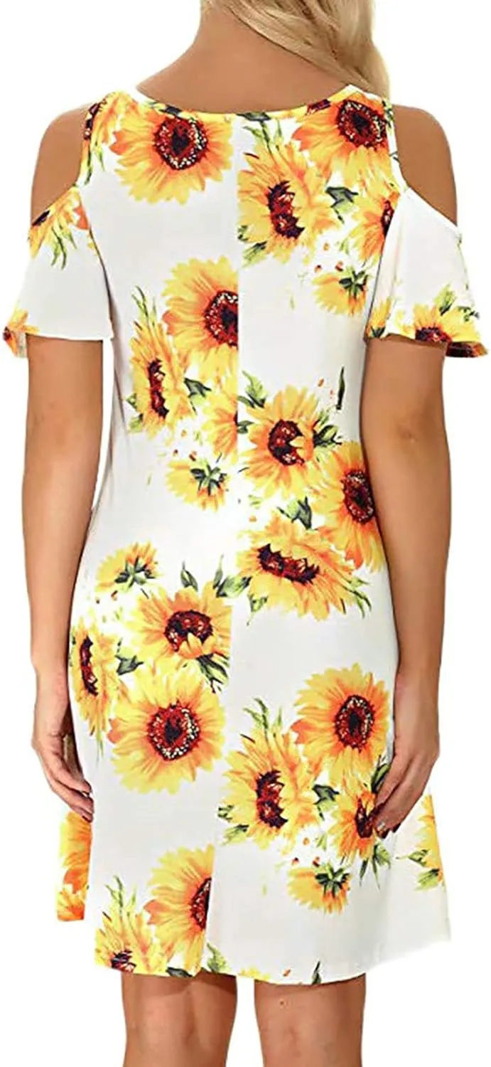 Tanst Sky Women Cold Shoulder Dress Floral Printed Short Sleeve Sundress with Pocket