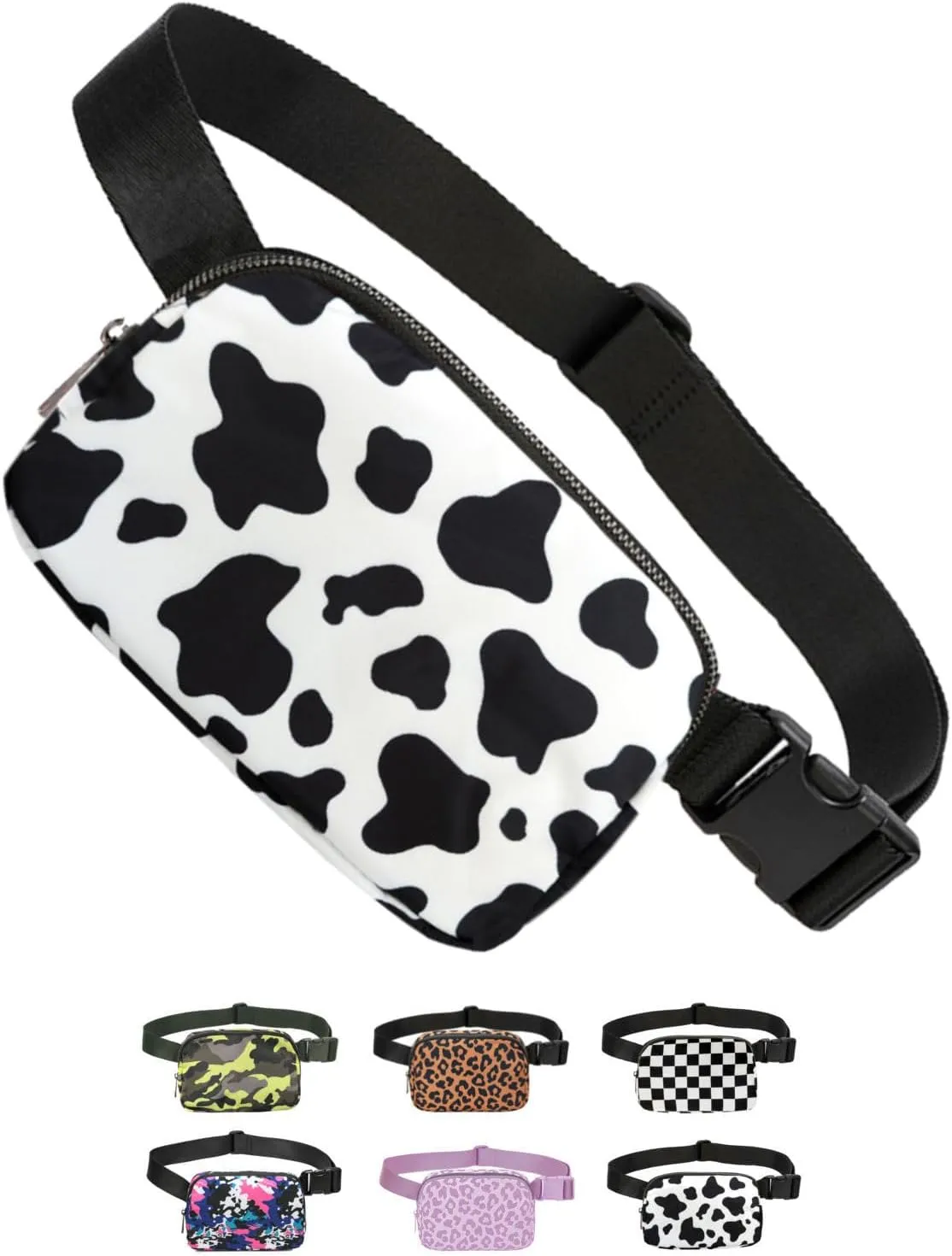 Tapp Collections Unisex Mini Crossbody Belt Bag with Adjustable Strap Small Waist Pouch for Workout Running Traveling Hiking - A Pattern/Cow Black & White