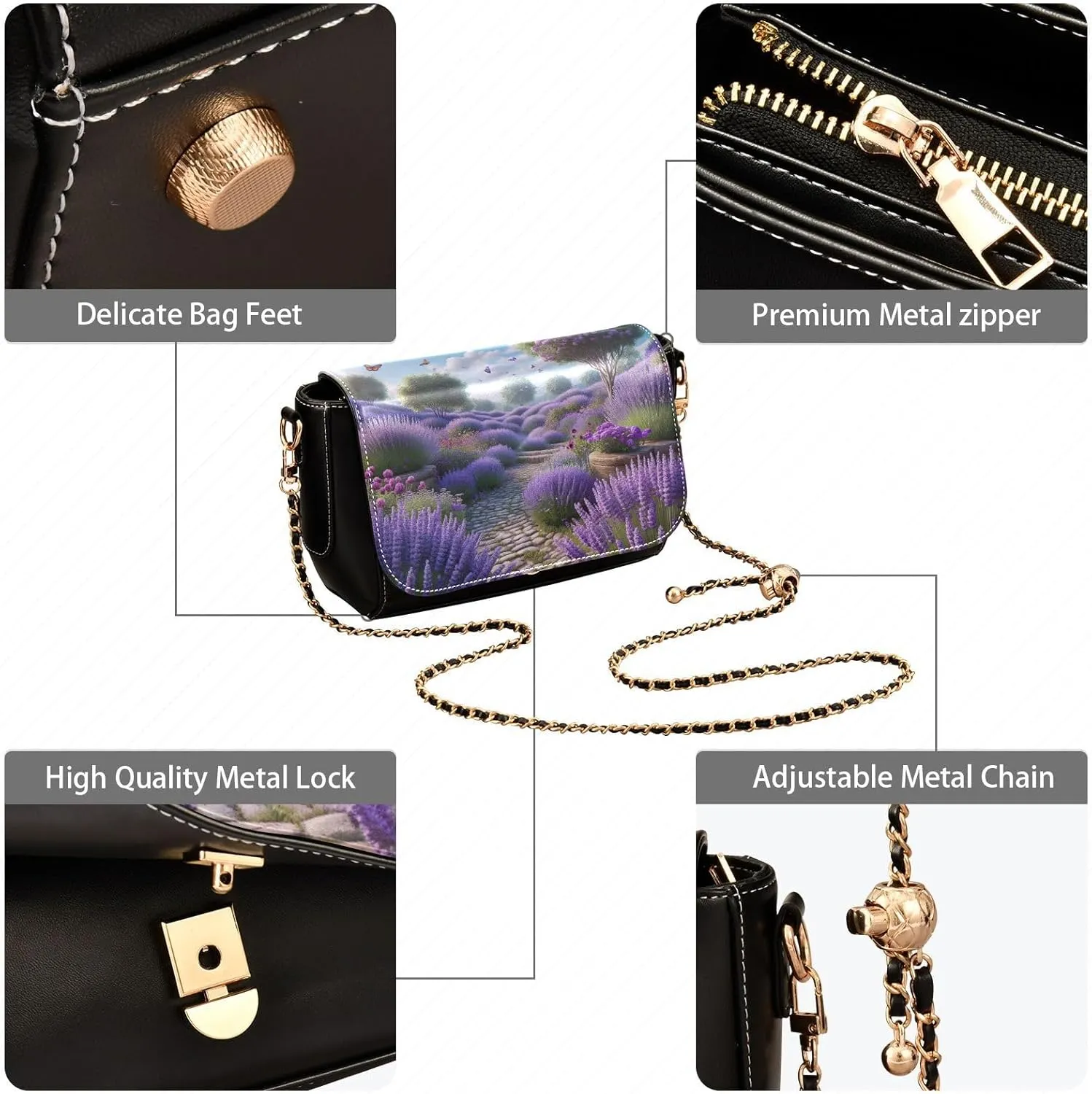 Tea and Lemons on Black Shoulder Bag with Pockets, Women's Crossbody Bags, Leather Bag for Women Crossbody
