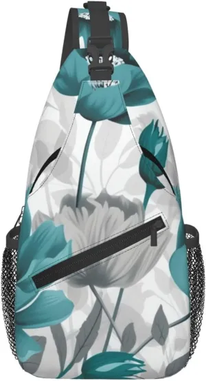 Teal Grey and White Floral Crossbody Bags for Men Women Fashion Sling Backpack Casual Chest Bag Travel Hiking Daypack