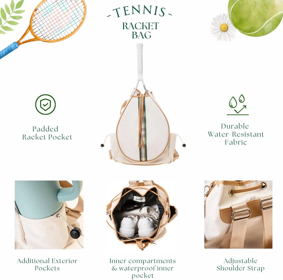Tennis Bag Tennis Backpack for Women - Racket Pouch Case Pickleball, Badminton, Squash Sports Racquet Convertible Shoulder Tote Strap Stylish Design, Large Compartment Storage