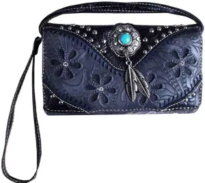 Texas West Western Rhinestone Laser Cut Feather Floral Concho Crossbody Small Pouch Wallet (Blue)