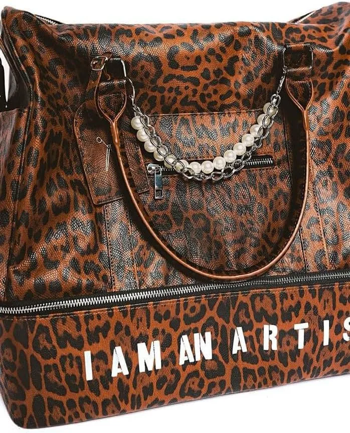 The Andy Modern Artist Bag Brown Vegan Leather Leopard Print: I Am An Artist Embossed in Silver Travel Tote Shoulder Bag Purse Top Handle Satchel Handbag For Women Men Work College Business Shopping
