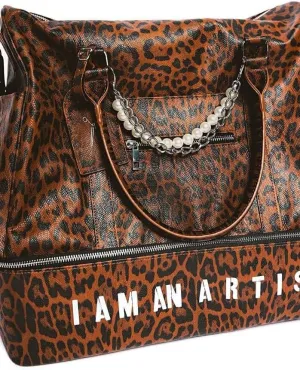 The Andy Modern Artist Bag Brown Vegan Leather Leopard Print: I Am An Artist Embossed in Silver Travel Tote Shoulder Bag Purse Top Handle Satchel Handbag For Women Men Work College Business Shopping