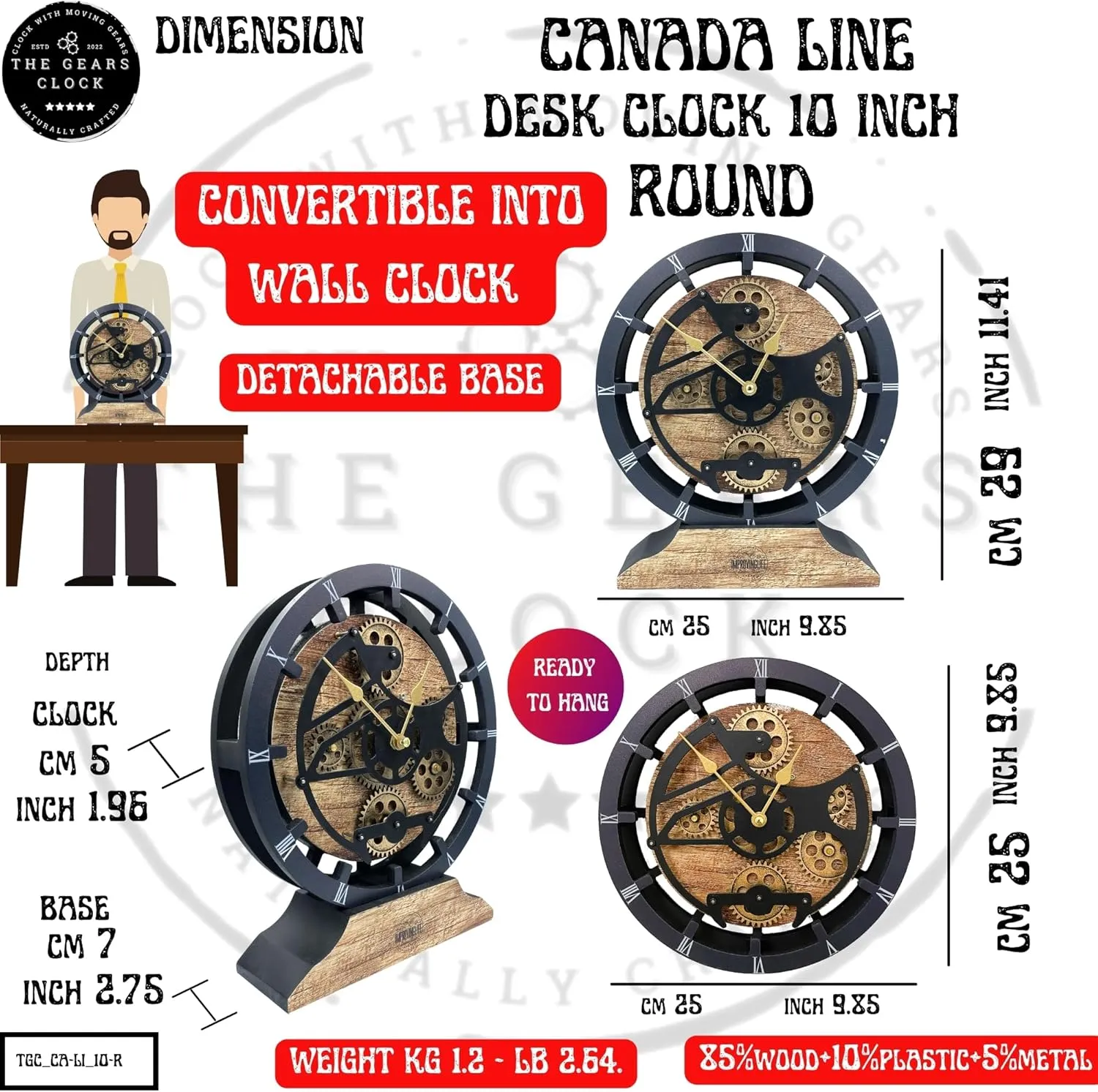 The Gears Clock Desk Clock 10 inches with Real Moving Gears Convertible into Wall Clock (Grey & White)