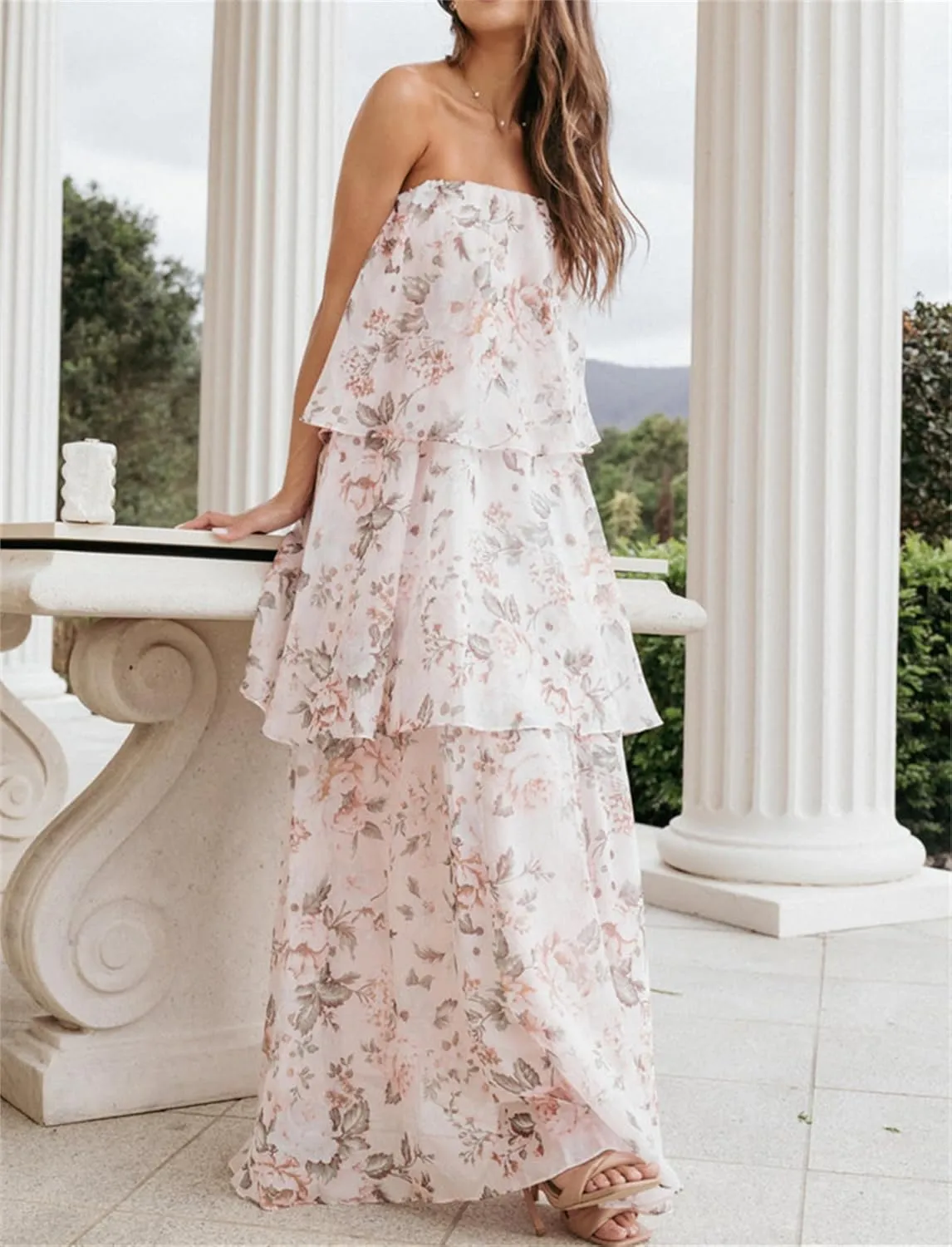 Thopavenoir Women's Strapless Floral Print Maxi Dress Chiffon Layered Tiered Tube Dresses Boho Baggy Swing Beach Sundresses