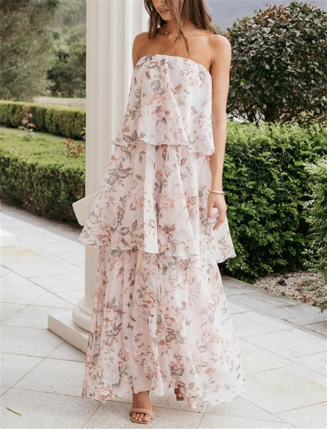 Thopavenoir Women's Strapless Floral Print Maxi Dress Chiffon Layered Tiered Tube Dresses Boho Baggy Swing Beach Sundresses