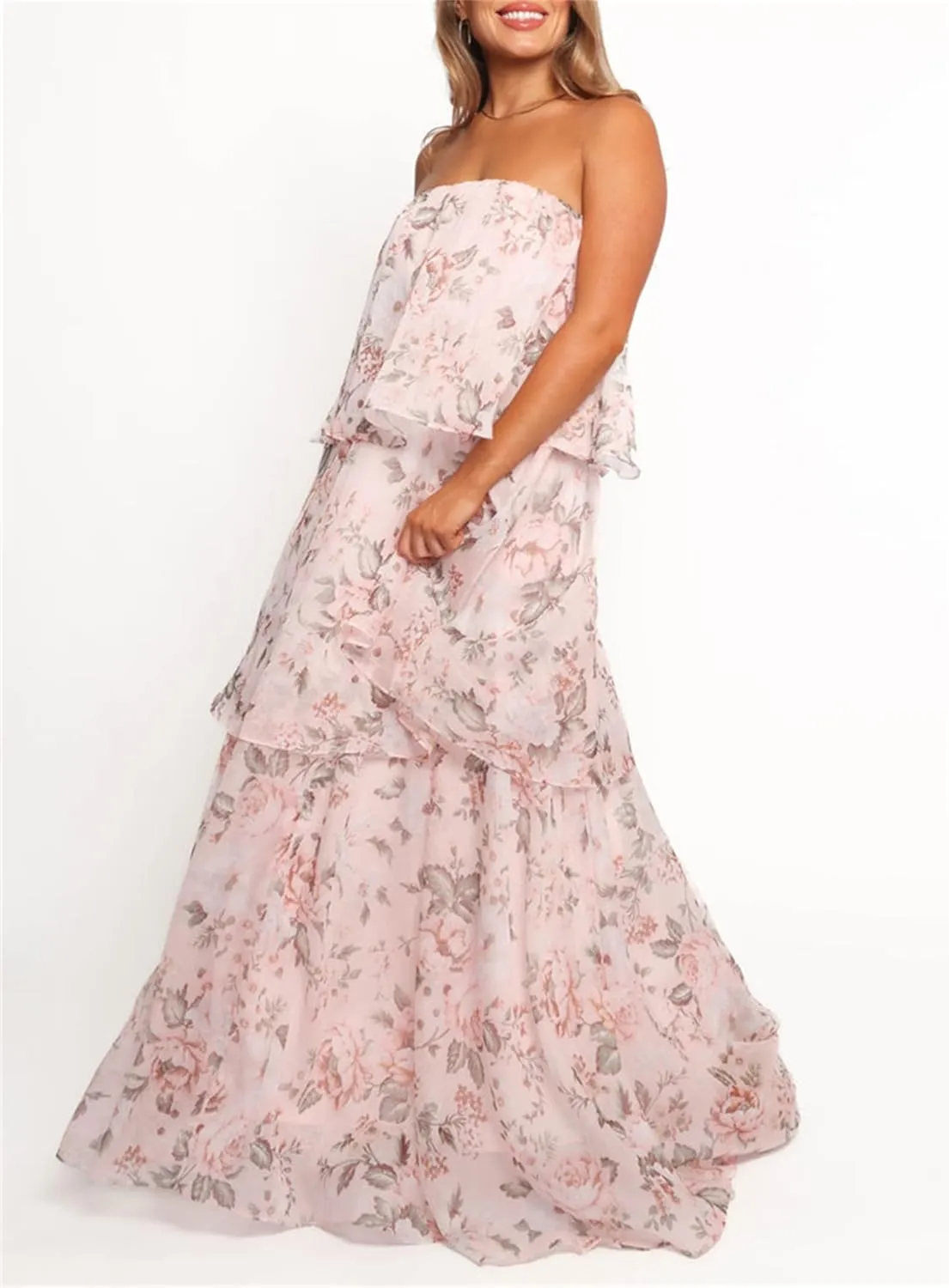 Thopavenoir Women's Strapless Floral Print Maxi Dress Chiffon Layered Tiered Tube Dresses Boho Baggy Swing Beach Sundresses