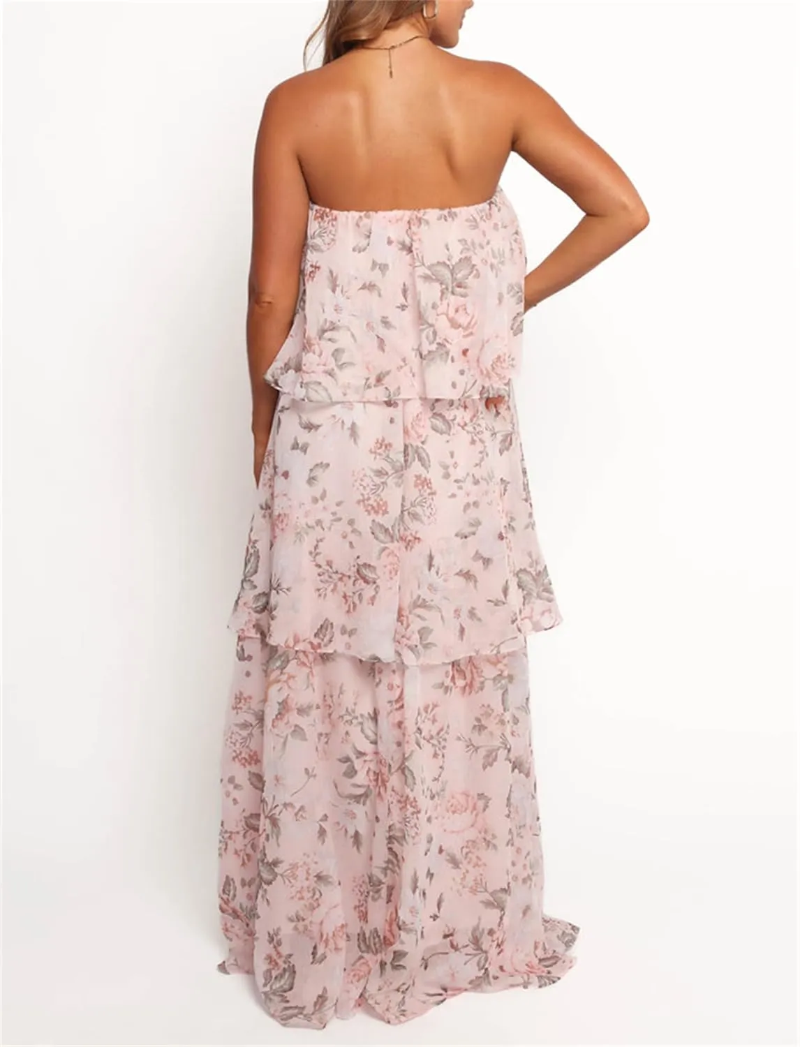 Thopavenoir Women's Strapless Floral Print Maxi Dress Chiffon Layered Tiered Tube Dresses Boho Baggy Swing Beach Sundresses