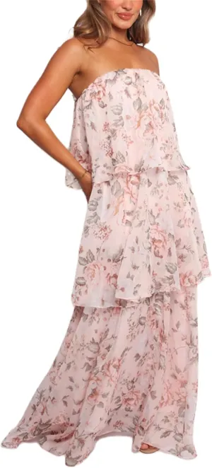 Thopavenoir Women's Strapless Floral Print Maxi Dress Chiffon Layered Tiered Tube Dresses Boho Baggy Swing Beach Sundresses
