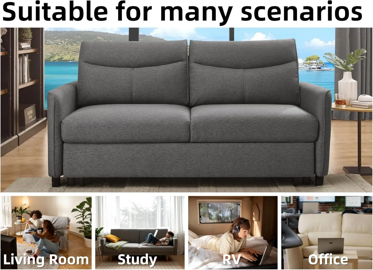 THSUPER 75-Inch Queen Size Convertible Sleeper Sofa Bed, Comfortable Pull-Out Futon Loveseat, Full Love Seat for RV Small Spaces, Hide-A-Bed Fold Out Couch - Grey